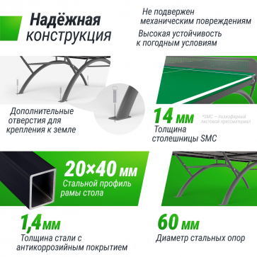 Антивандальный теннисный стол UNIX Line 14 mm SMC (Green/Grey) - 4